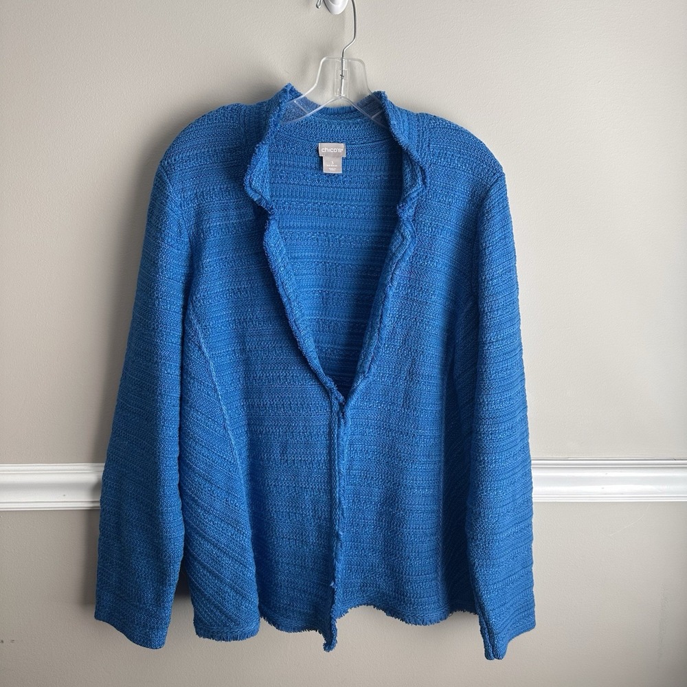 Chicos Blue Lady Jacket XL Textured Knit Fringe Office Preppy Church Blazer 3